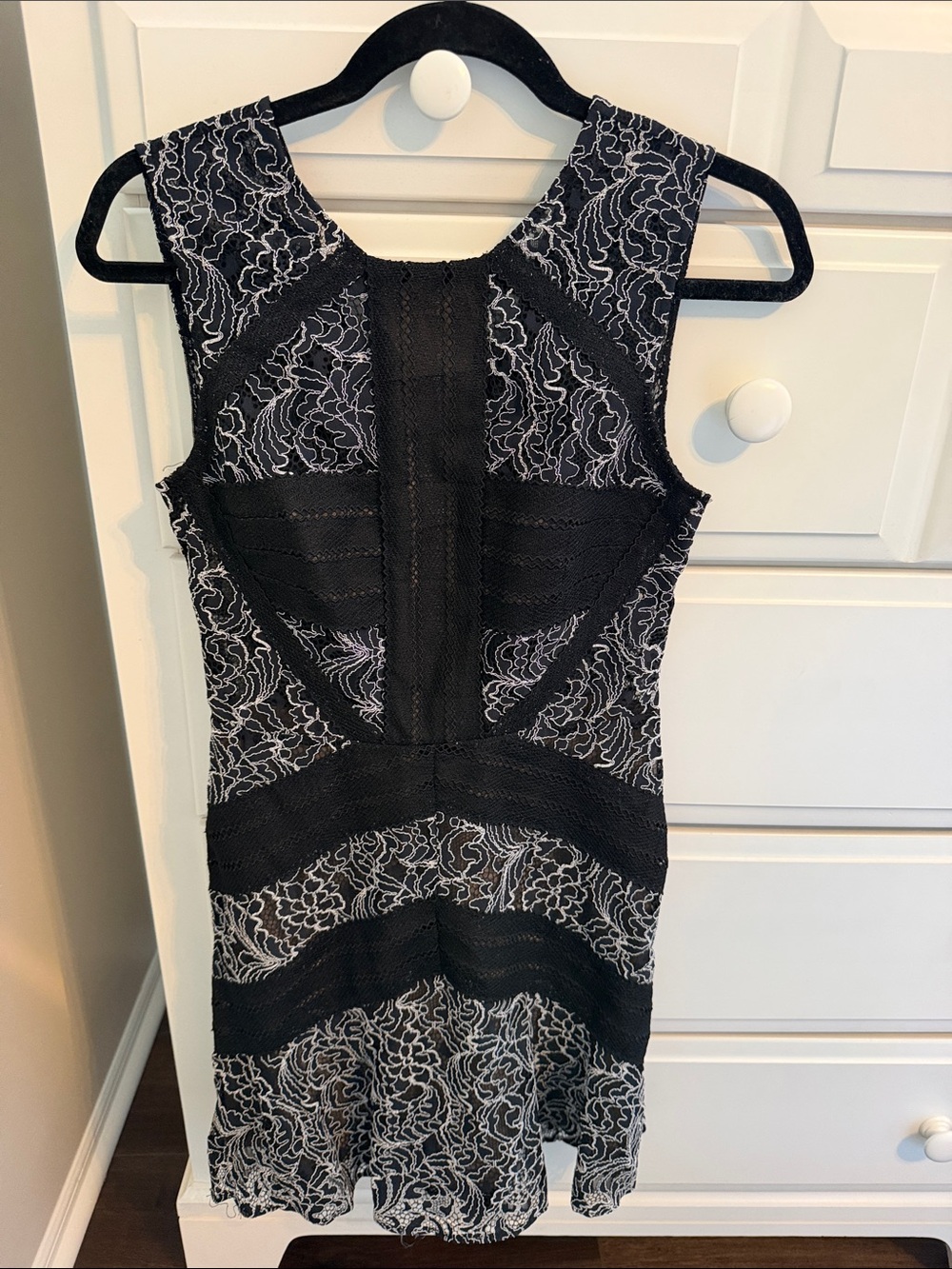 BCBGMaxAzria Black and White Lace-Panel Mini Dress